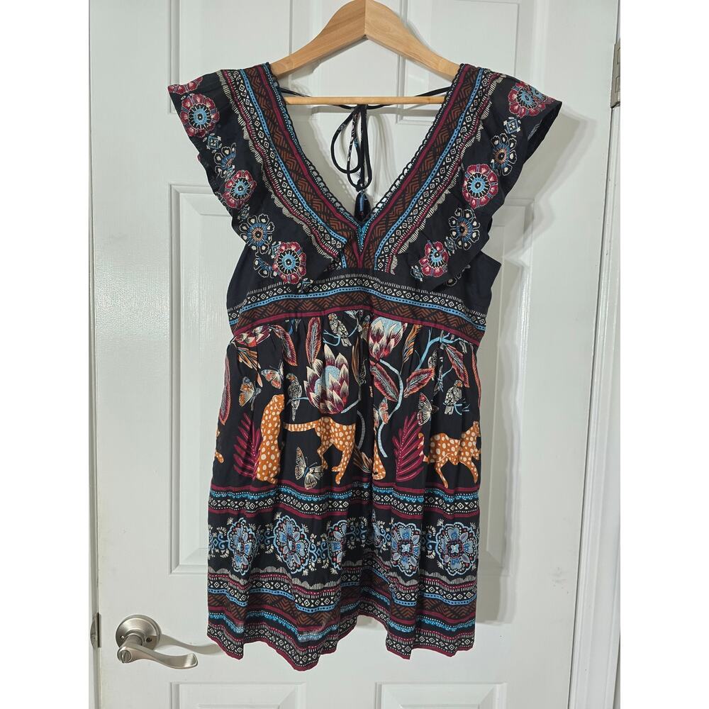 Anthropologie Boho Animal Print Babydoll Dress Sz S Tassel Tie V-Neck Ruffle